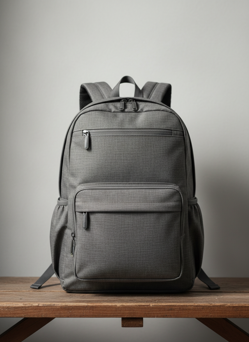 A single, well-made everyday backpack in neutral charcoal fabric standing upright on a simple wooden bench against a softly blurred, light grey background. The backpack’s zippers, stitching, side pockets, and padded straps are clearly visible, highlighting functional details without any logos or branding. Soft studio lighting from the left creates subtle highlights on the fabric texture and gentle, controlled shadows to the right, giving the product a three-dimensional presence. The atmosphere is practical and reassuring, suggesting a thoughtful, honest review of what works and why. Photographic realism, eye-level composition with the backpack centered and a shallow depth of field, creating a clean, professional product review style image.